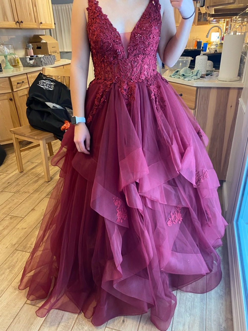 ellie wilde Burgundy Layered Tulle Evening Gown - Picture 3 of 5